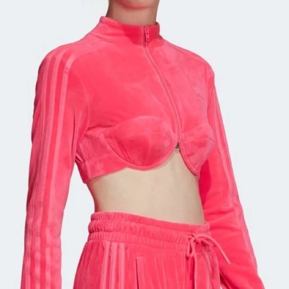 Jeremy Scott x Adidas Jackets & Blazers - Adidas x Jeremy Scott Cropped Bustier Pink Velour Zip Track Jacket New Preppy, S